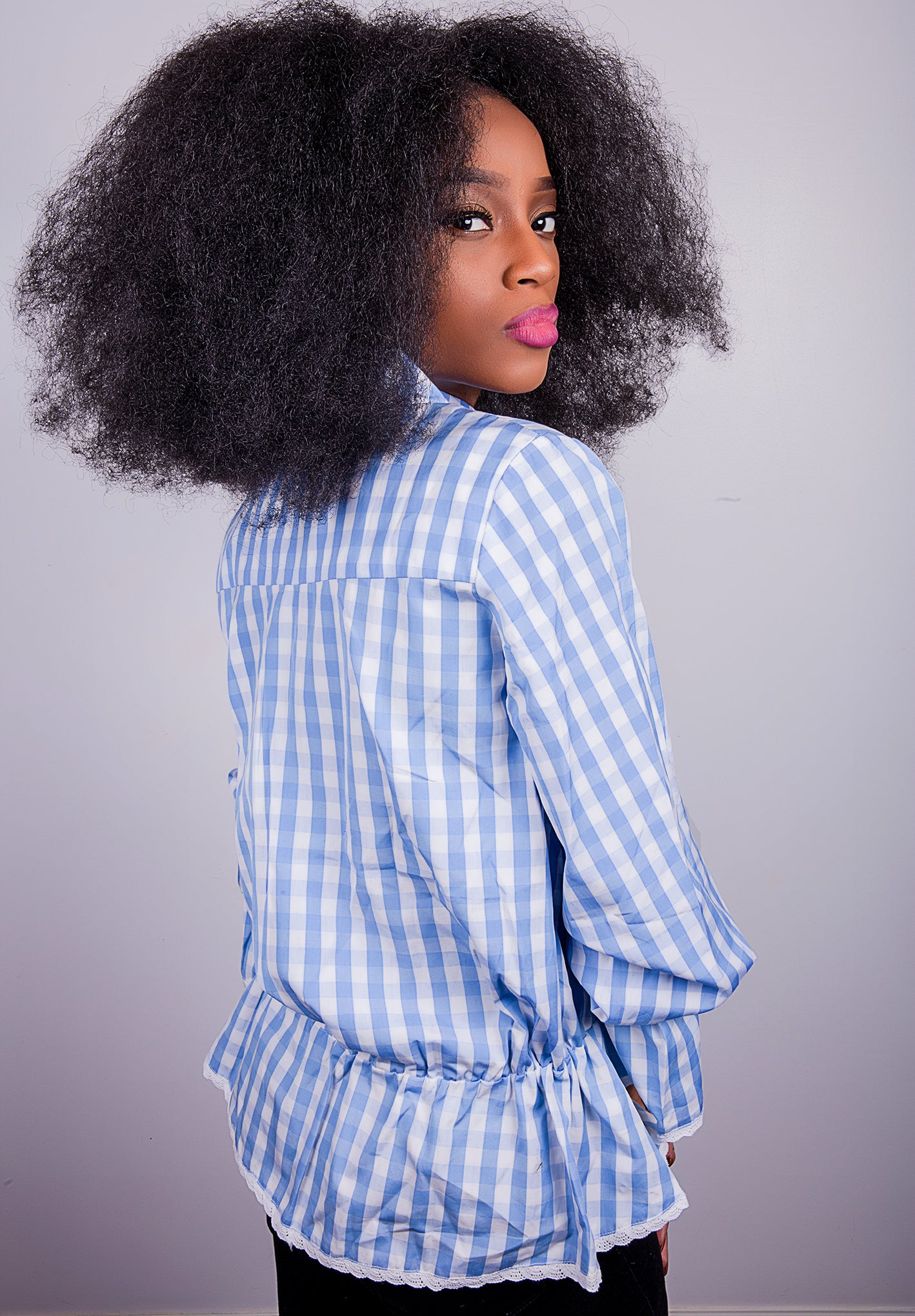 Gingham blouse with mandarin collar and lace trim