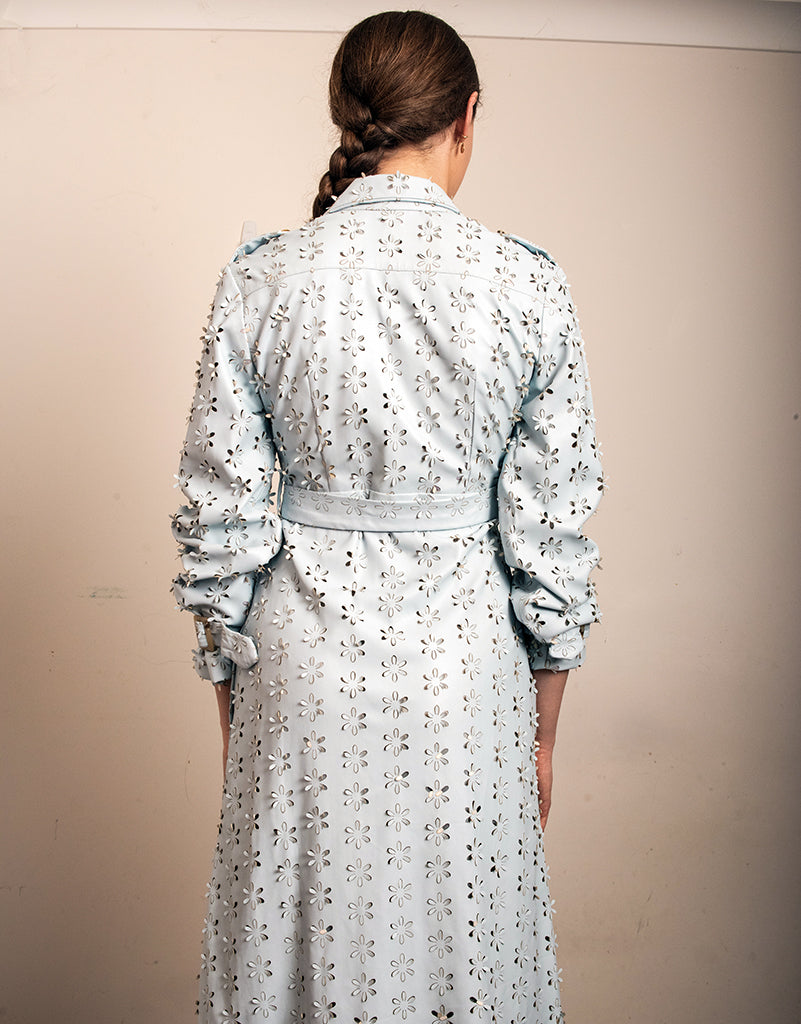 Laser-cut faux leather trench dress