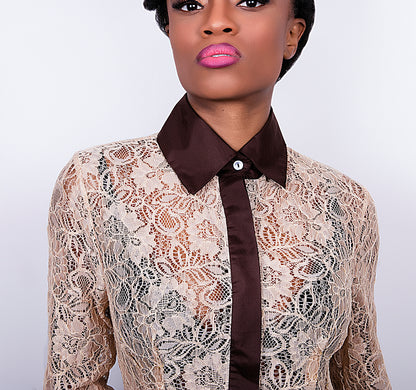 Corded lace shirt with silk collar