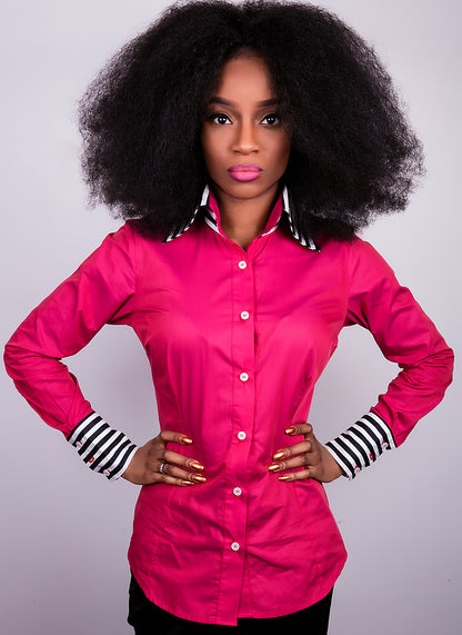Cerise Cotton fitted shirt with striped cuffs and collar