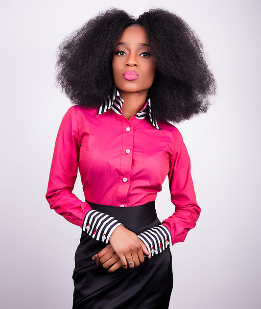 Cerise Cotton fitted shirt with striped cuffs and collar